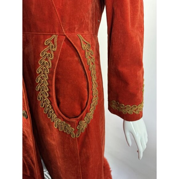 Vintage 70s Red Velvet Penny Lane Coat W/ Gold Embroidery & faux Fur Trim Hood - Picture 14 of 16